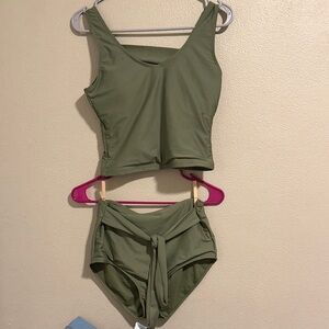 High-Waist Olive Green Tankini Set with Tie-Front Bottoms